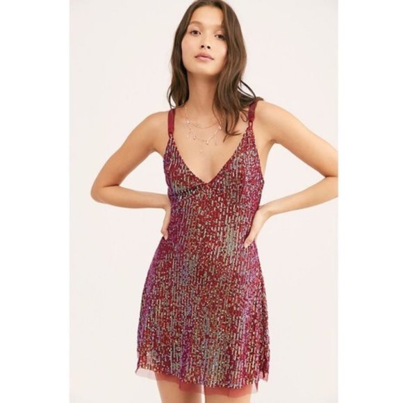 Free People Dresses & Skirts - Free People Gold Rush Sequin Mini Dress Wine